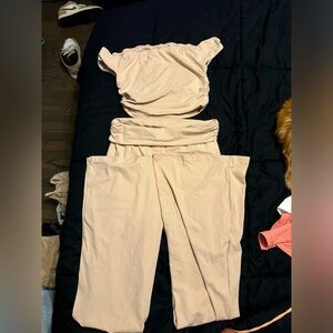 Cream off the shoulder top and straight leg pants set #offtheshoulder